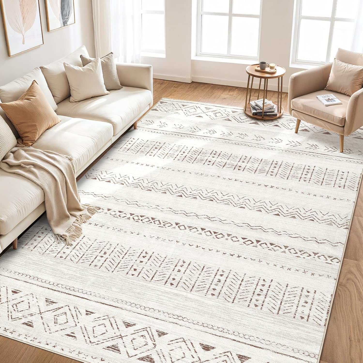 cotiled 5x7 Area Rug Living Room: Washable Boho Rugs with Non Slip Backing Large Soft Indoor Stain Resistant Carpet for Bedroom Farmhouse Dining Room Lightweight Home Decor L Brown/Cream