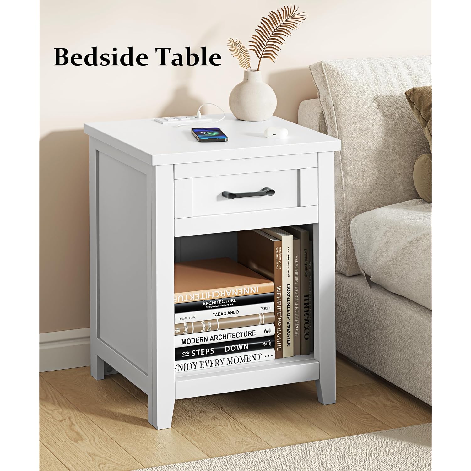 Decofy Farmhouse Nightstand With Charging Station & Large Storage, Set Of 2 Modern End Tables With Outlets, Usb Ports And Type-C Ports, Easy Assembly For Bedroom (Pure White)