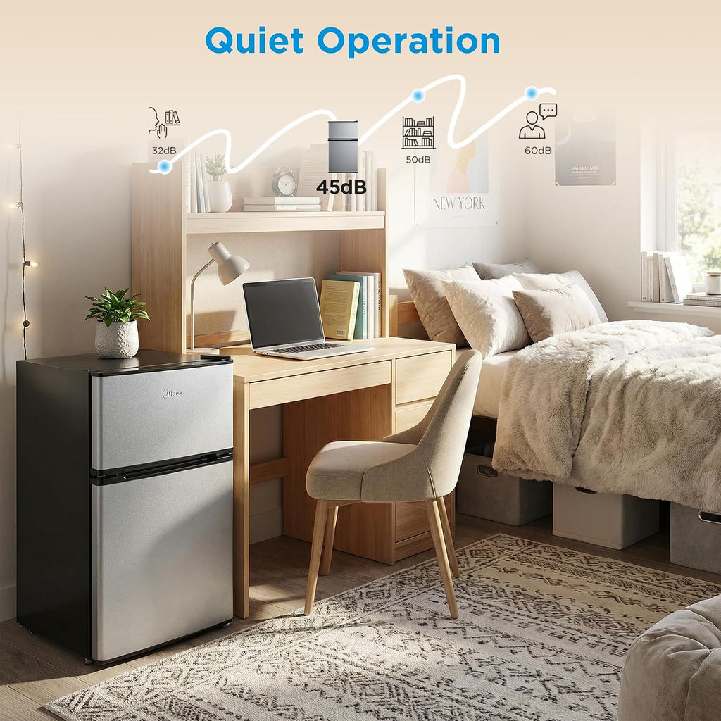 Midea Whd-113Fsl 3.1 Cu Ft Compact Fridge With Freezer, Energy Star Certified Mini Fridge With Interior Light, Adjustable Shelves, Perfect For Office, Dorm, Bedroom, Silver