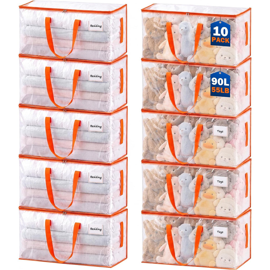Kyodoled 10-Pack Clear Moving Bags Heavy Duty Extra Large, Storage Totes With Reinforced Handles, Zippers & Label Pocket, Transparent Packing Containers For College Dorm, Clothes, Bedding, Toys