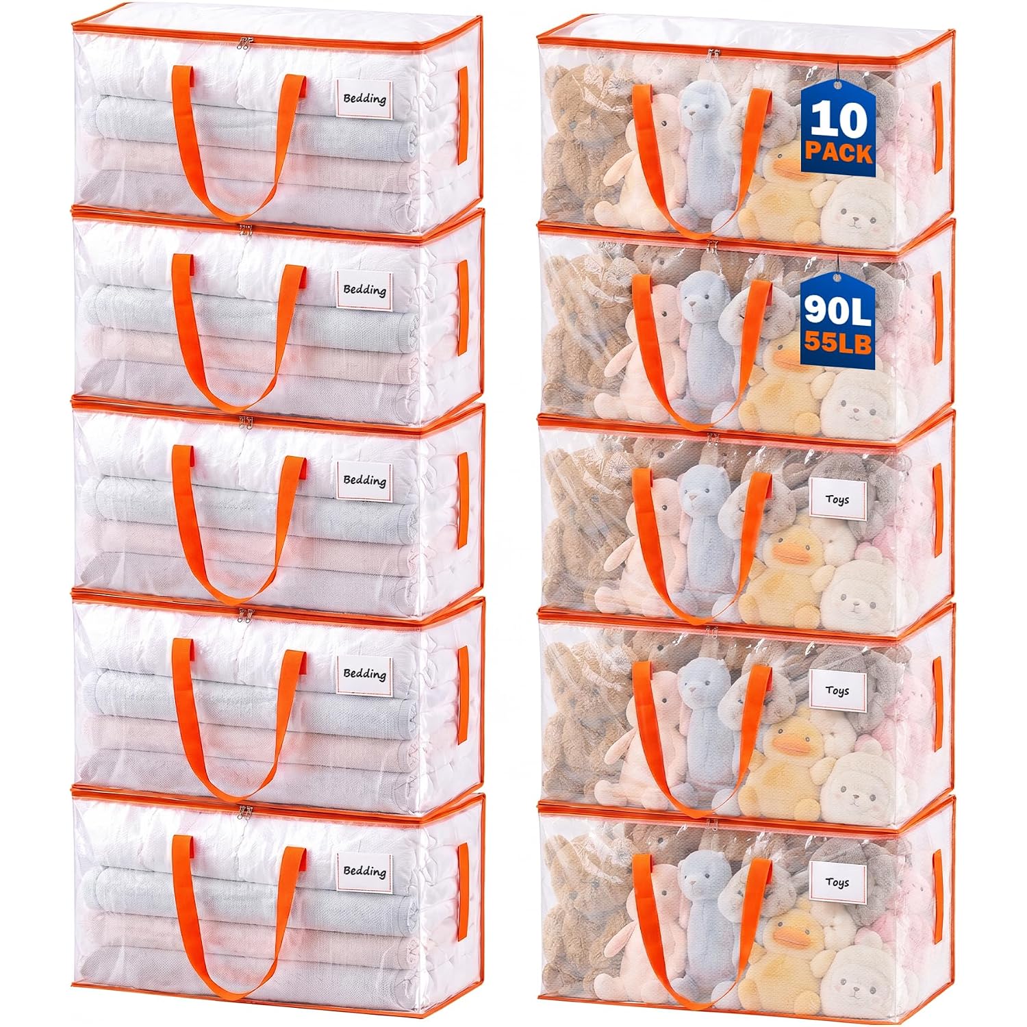 Kyodoled 10-Pack Clear Moving Bags Heavy Duty Extra Large, Storage Totes With Reinforced Handles, Zippers & Label Pocket, Transparent Packing Containers For College Dorm, Clothes, Bedding, Toys