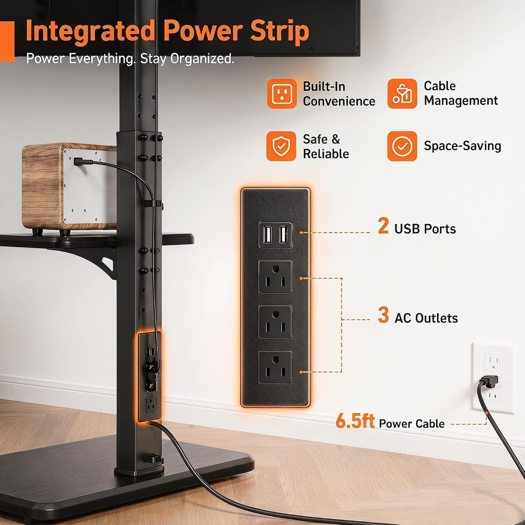 Perlegear Floor Tv Stand With Power Outlet, Universal Tv Stand For 32-75 Inch Tvs Up To 110 Lbs, Height Adjustable Standing Tv Mount, Tall Tv Mount With Wood Base, Max Vesa 600X400Mm, Pgfs06