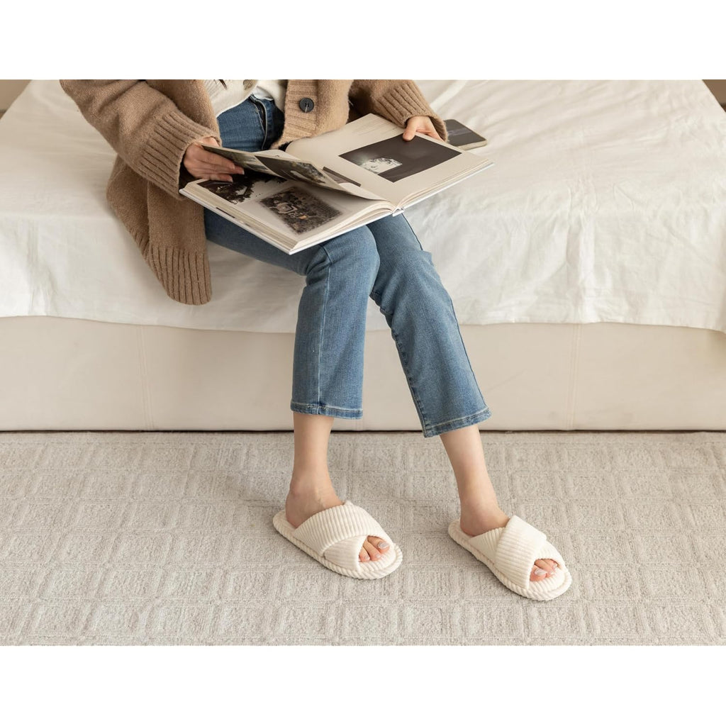 Slippers For Women Memory Foam House Bedroom Corduroy Crossbands Open Toe Slides Sandals Shoes Comfy Trendy Gift For Womens Anti-Skid Sole