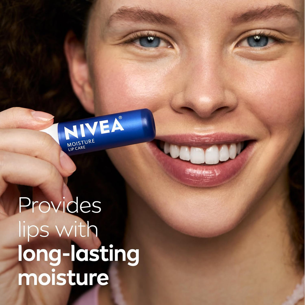 Nivea Moisture Lip Care, Hydrating Lip Balm With Shea Butter, Nourishing Oils And Vitamin C & E, 3-In-1 Moisture, Repair And Nourish, 0.17 Oz Stick, Pack Of 4