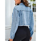 Floerns Women'S Raw Hem Long Sleeve Button Down Pocket Cropped Denim Jean Jacket