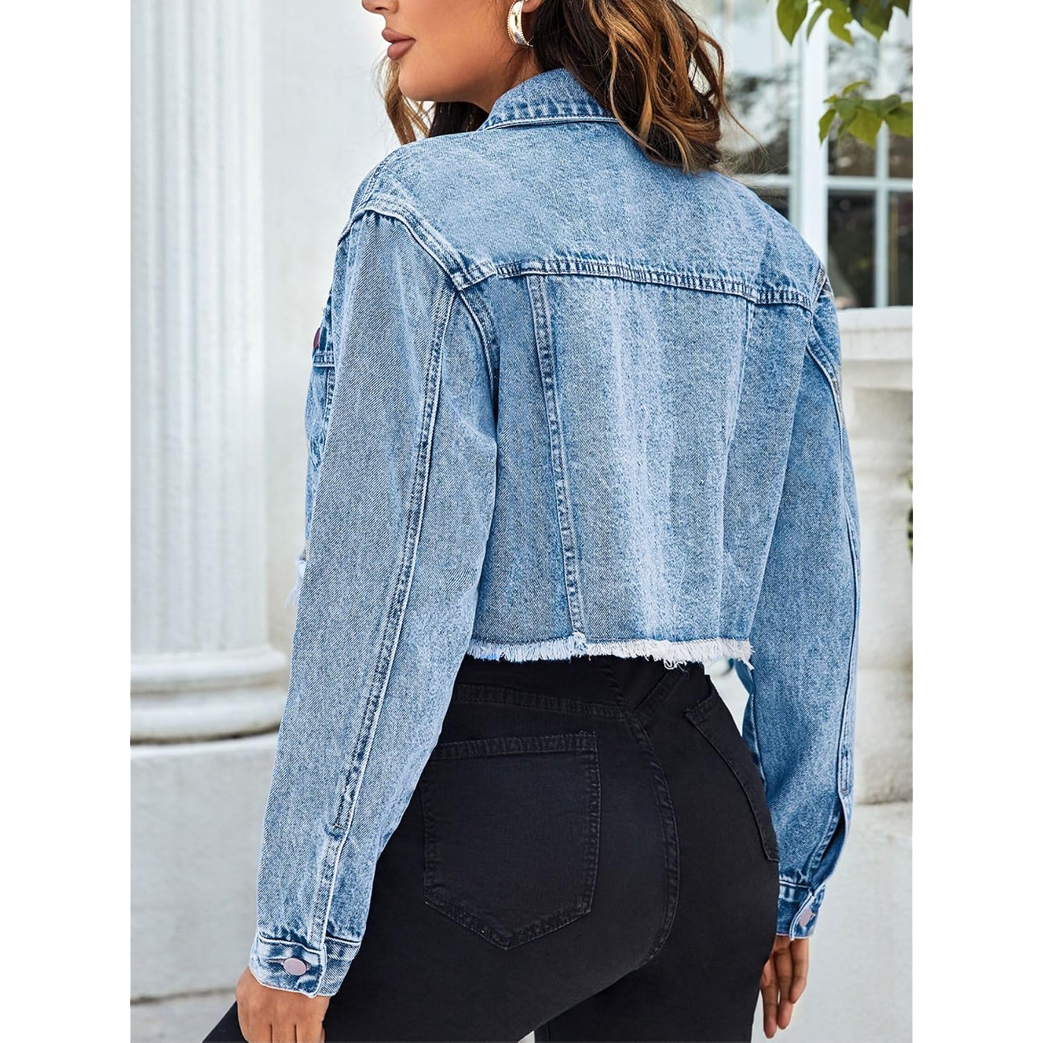 Floerns Women'S Raw Hem Long Sleeve Button Down Pocket Cropped Denim Jean Jacket