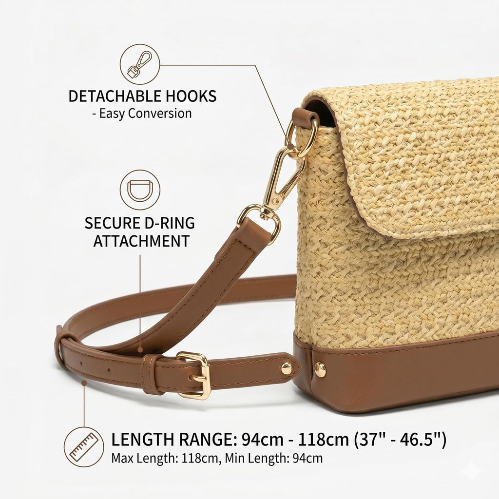Straw Bag For Women, Woven Summer Beach Raffia Purse With Detachable Strap, Boho Crossbody Handbag For Vacation