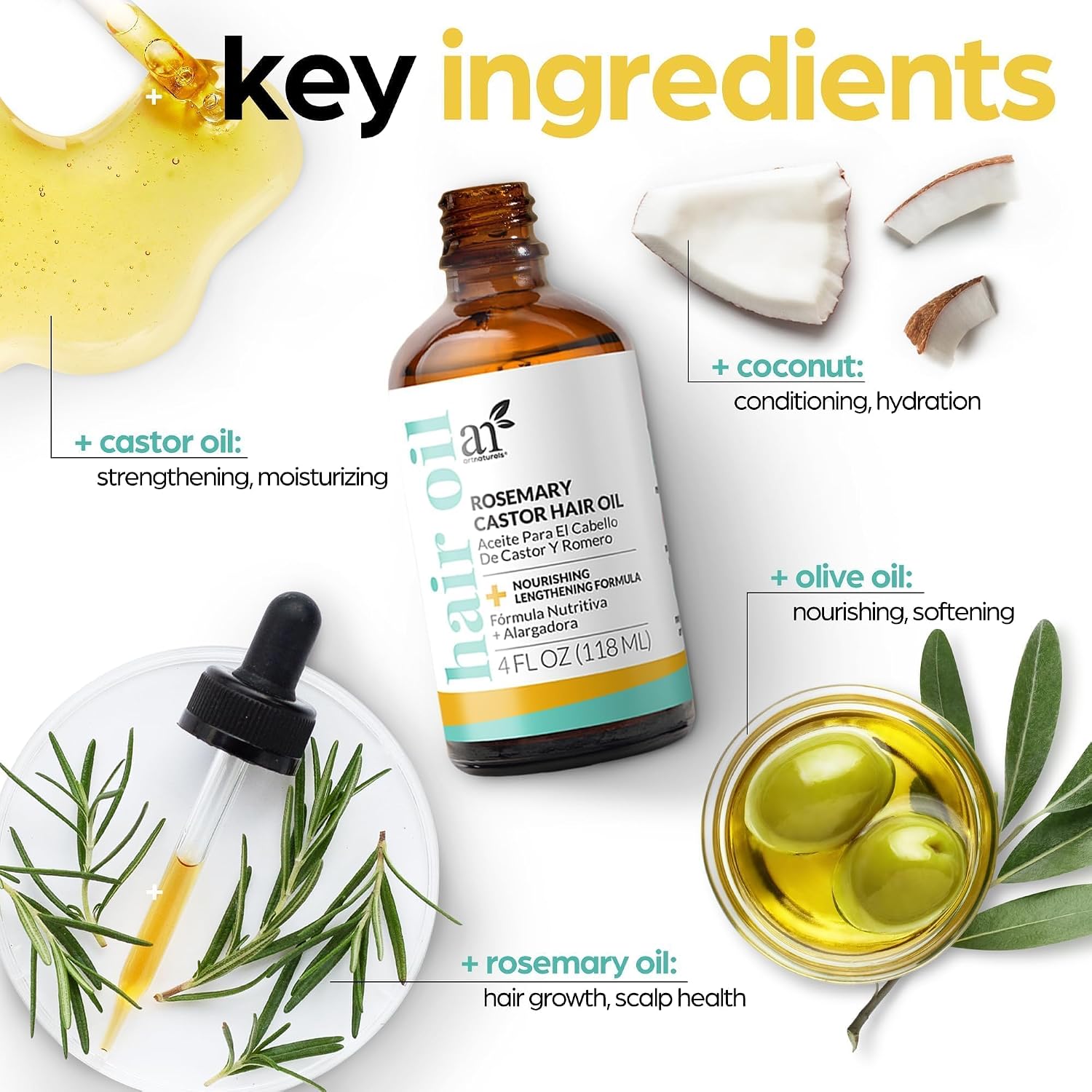 Artnaturals Organic Rosemary Castor Hair Growth Tonic Oil + Massager Hair Regrowth Set, 4 Oz With Coconut & Olive Oil, Scalp Treatment For Dry, Damaged & Split Ends