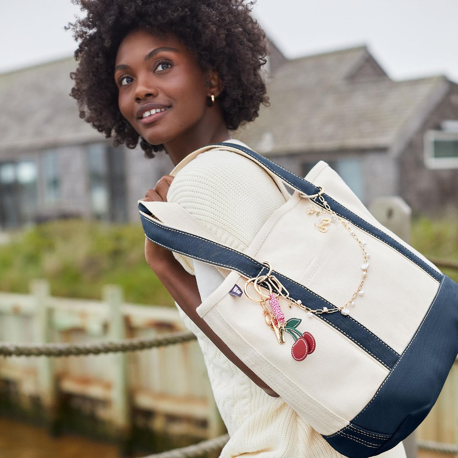Lands' End Natural Open Top Canvas Tote Natural/Radiant Navy Medium Regular Handle