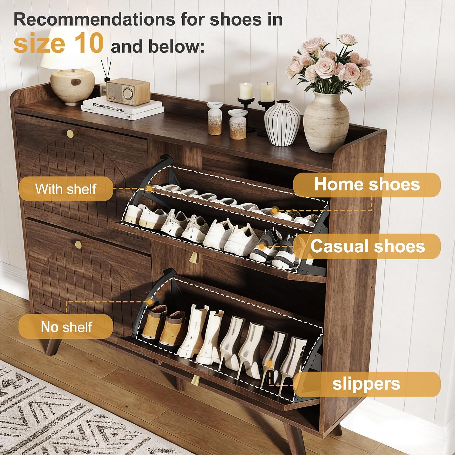 Decofy 47.2” Shoe Cabinet With 4 Flip-Down Drawers, Three Adjustable Levels, Freestanding Wooden Shoe Rack, Suitable For Entryway, Hallway, And Living Room (Walnut)
