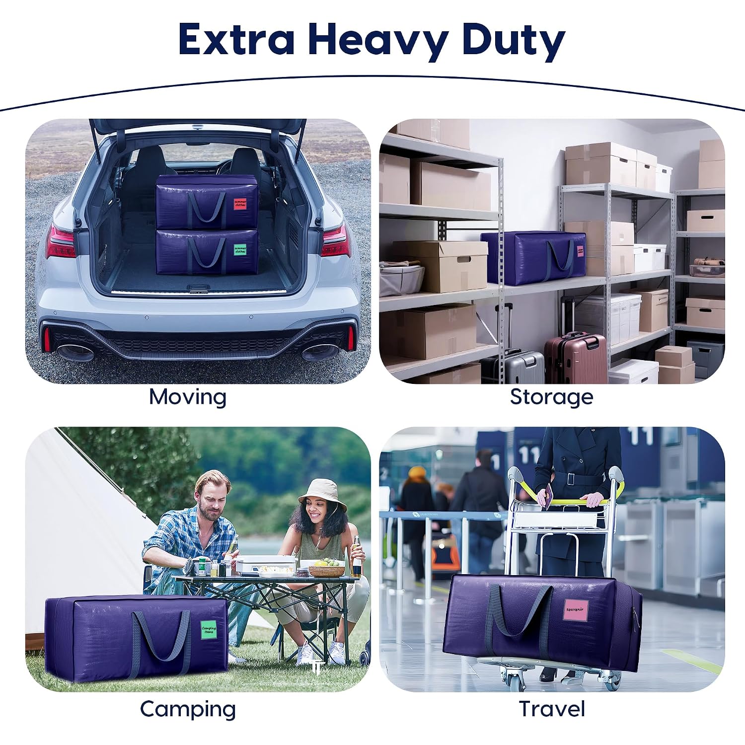 6 Pack Moving Bags Heavy Duty 210Gsm With Full-Open Side Zipper, 93L 220Lbs Waterproof Foldable Storage Totes For College Dorm Move-In, Moving Boxes Alternative & Home Organization, Blue
