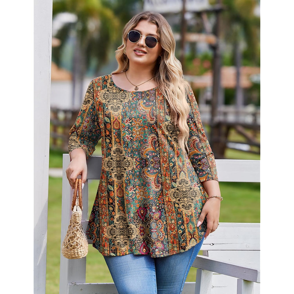 IN'VOLAND Plus Size Tops for Women 3/4 Sleeve Loose Shirts to Wear with Leggings Summer Fall 2025 Clothes