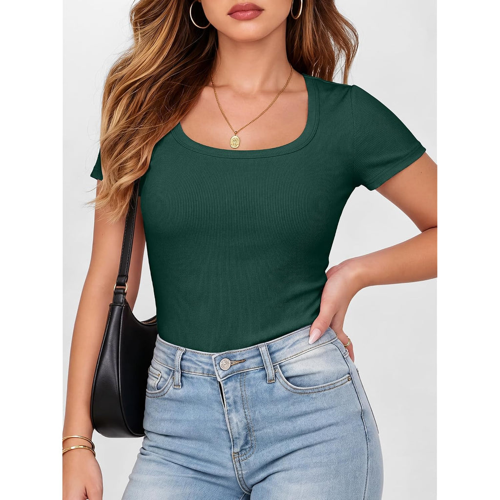 Anrabess Women Short Sleeve Tops Scoop Neck Ribbed Knit Slim Fitted Basic Tee Shirt Casual Summer Clothes 2026 Spring Outfits
