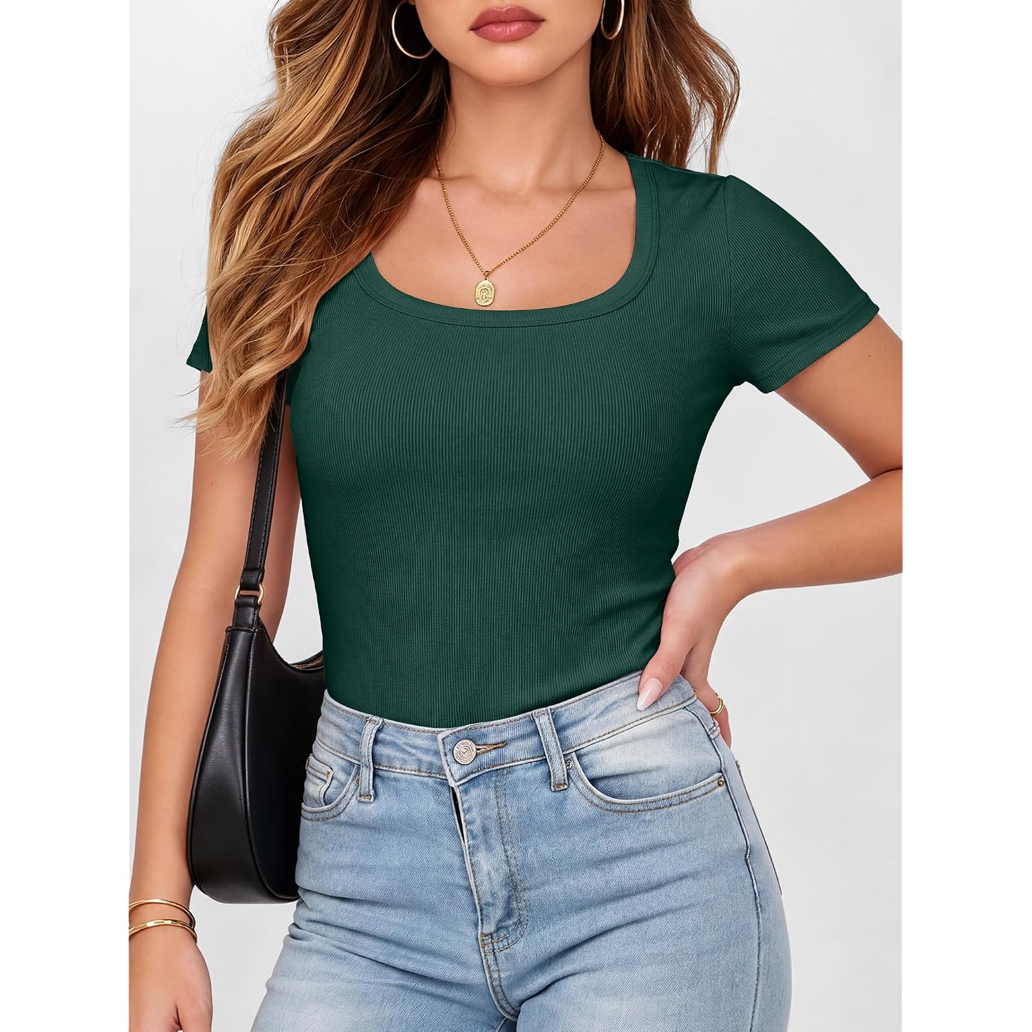 Anrabess Women Short Sleeve Tops Scoop Neck Ribbed Knit Slim Fitted Basic Tee Shirt Casual Summer Clothes 2026 Spring Outfits