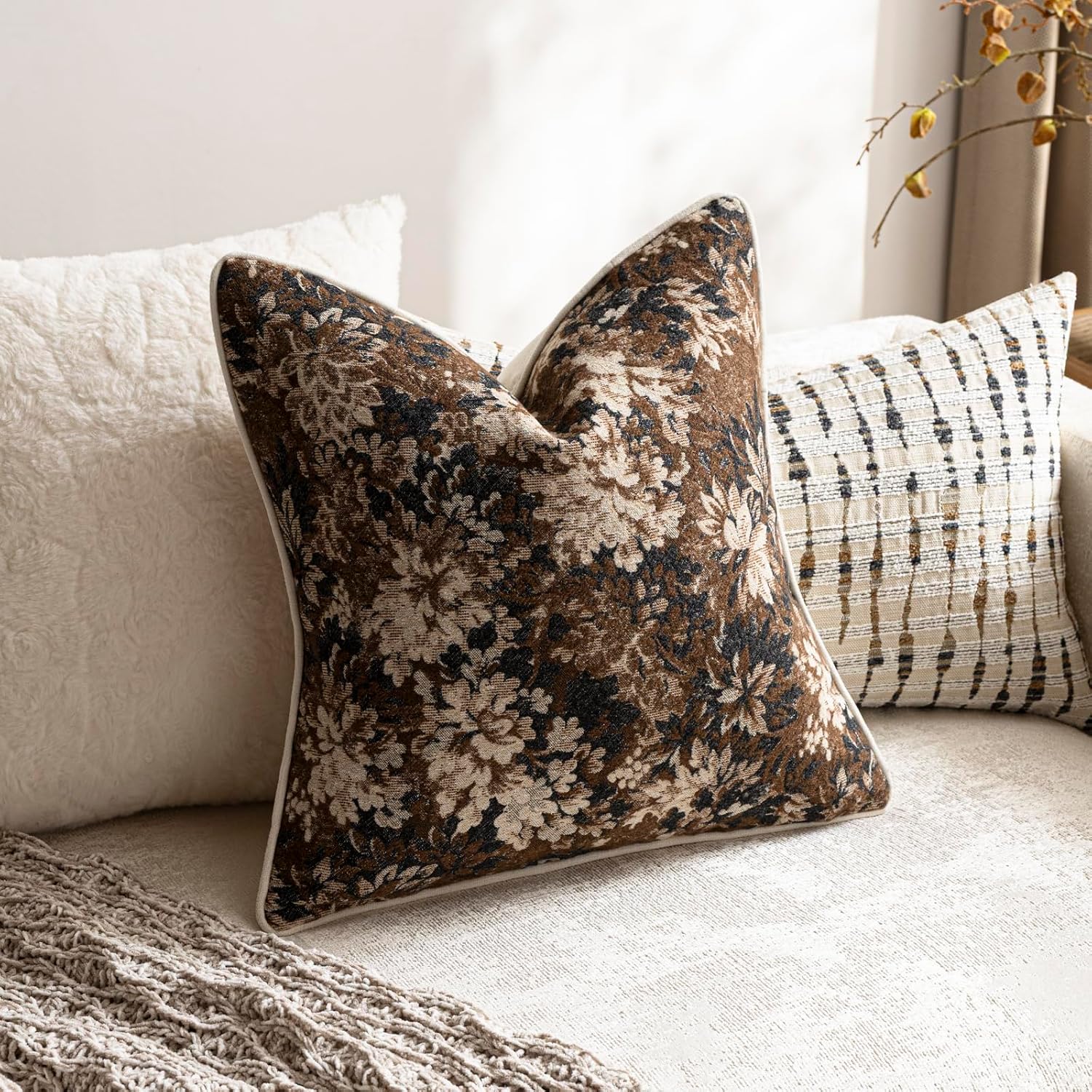 Pack Of 2 Vintage Floral Throw Pillow Covers 18X18 Boho Farmhouse Accents Chenille Square Decorative Pillow Cases For Living Room Couch Bed Home Decor, Dark Brown