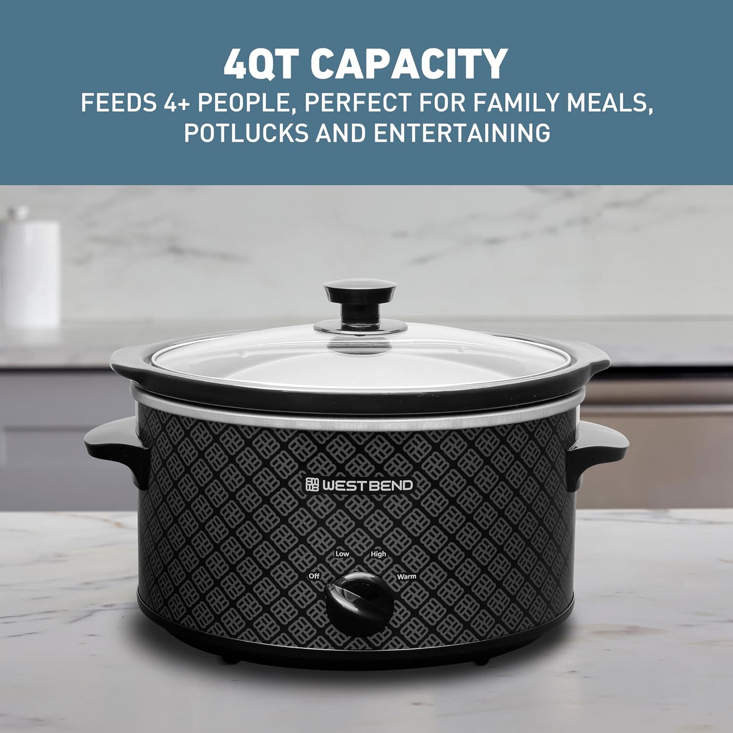West Bend Slow Cooker 4-Quart Manual Crockery Style With Dishwasher Safe Oval Ceramic Crockpot And Glass Lid Two Temperature Settings Plus Keep Warm, 210-Watts, Black