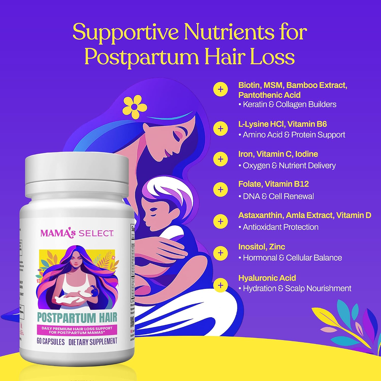 Mama'S Select Postpartum Hair Loss Vitamins – Reduce Shedding, Restore Thickness, Shine, & Strength – Supports Hormonal Balance, Cellular Renewal & Scalp Health – Treatment Is Safe For Breastfeeding