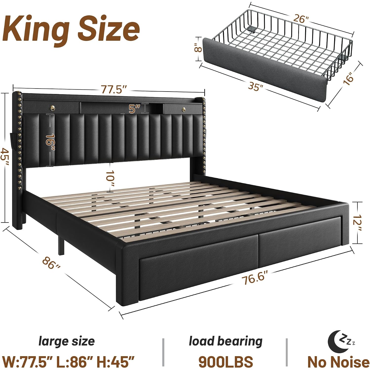 Cypbed King Size Bed Frame With 2 Tier Storage Headboard, Upholstered King Bed Frame With 4-Storage Drawers, 3 Usb & Type-C Charging Ports,Solid Wood Slats,No Box Spring Needed,Noise-Free, Black,Gift