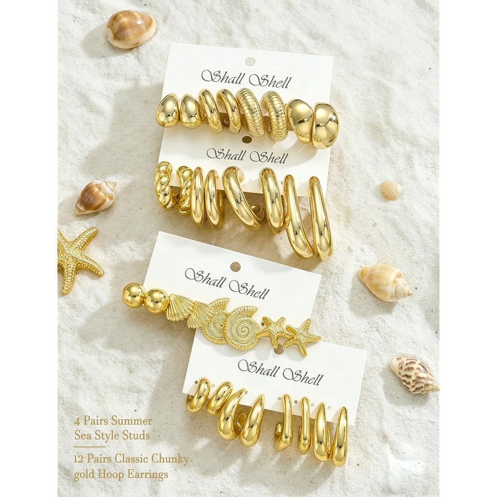16 Pairs Starfish Chunky Gold Hoop Earrings Set for Women, Beach Shell Style Stack Statement Earrings, Hypoallergenic Lightweight Gold Plated Trendy Summer Jewelry Gift