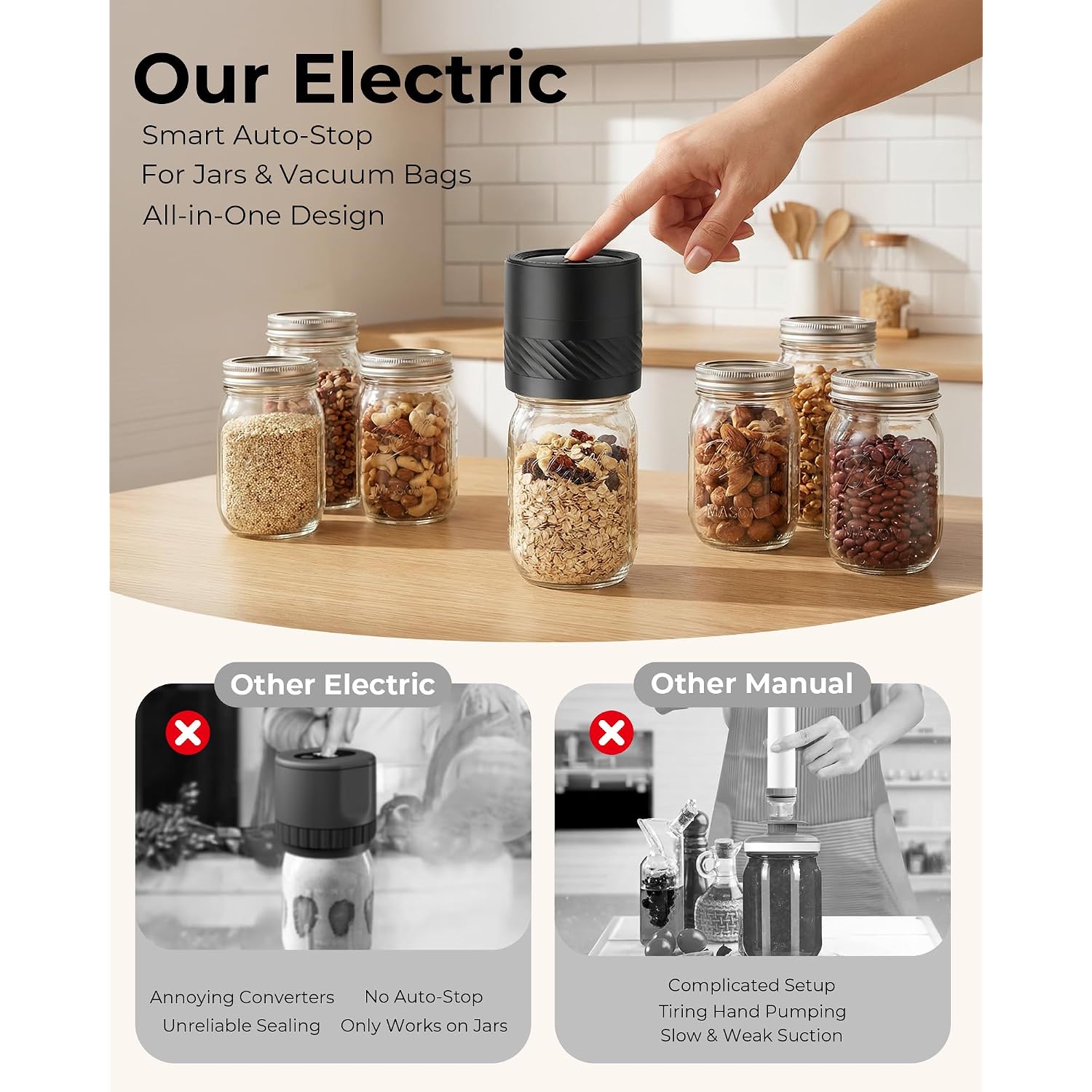 Electric Mason Jar Vacuum Sealer Kit With Auto-Stop, 1200Mah Cordless Jar Vacuum Sealer For Wide & Regular Mouth Mason Jars, Portable Automatic Vacuum Sealer With 10 Lids & 2 Vacuum Bags