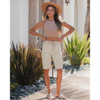 Bermuda Shorts for Women Knee Length Pull On Elasitc Waist High Rise Fold Hem Casual Summer Chino Cargo Shorts