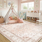 CAPALOCA Machine Washable Rugs Nursery Rug 5x7 Cute Girl Non Slip Low Pile Water Repellent Soft Print Pattern for Bedroom Indoor Decor Kids Playroom Pink