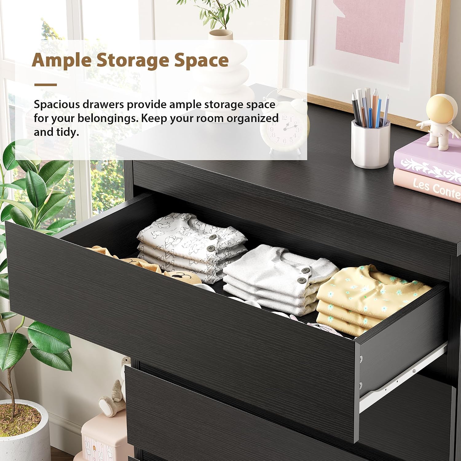 Jocoevol Black 5 Drawer Dresser For Bedroom, 15" D X 23.7" W X 40.4" H In Simply Chest Of Drawers, Wood Storage Dresser With Drawers For Living Room Hallway Entryway, Black