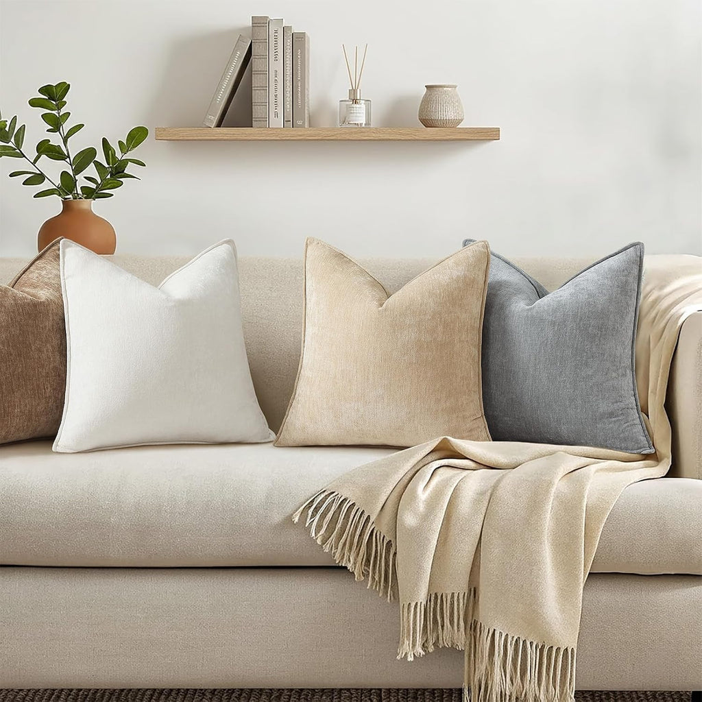 Decoruhome Fall Couch Throw Pillow Covers 12X20 Set Of 2, Decorative Soft Velvet Modern Cozy Chenille Lumbar Pillow Cases With Elegant Design For Sofa Bed Living Room Home Decor, Beige
