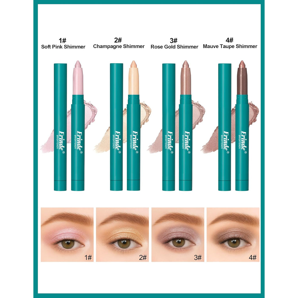 Erinde 4 Colors Eyeshadow Stick, Eye Brightener Stick, Shimmer Creamy Eye Shadow Makeup, Long Lasting Waterproof Glitter Highlighter Eye Liner Pencil Set