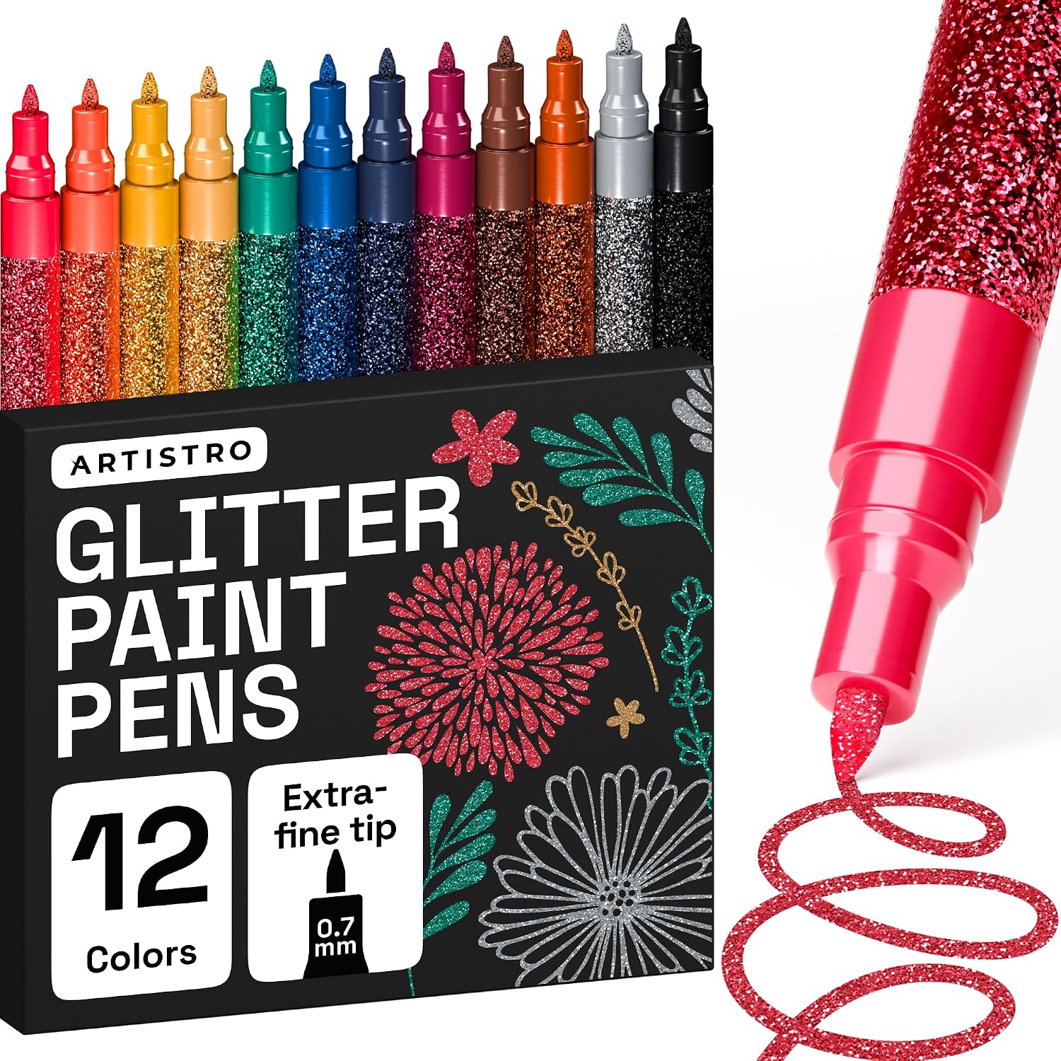 Artistro 12 Glitter Paint Pens For Glass Marking, Rock Painting, Ceramic, Wood, Fabric, Scrapbooking, Diy Craft Making, Coloring - Acrylic Paint Markers Extra-Fine Tip 0.7Mm