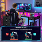 Furologee 60" Black Computer Desk With 4 Drawers And Printer Space, Gaming Desk With Led Lights And Usb Power Outlets, Home Office Desk With Fabric File Cabinet,Study Work Table With Shelf For Bedroom