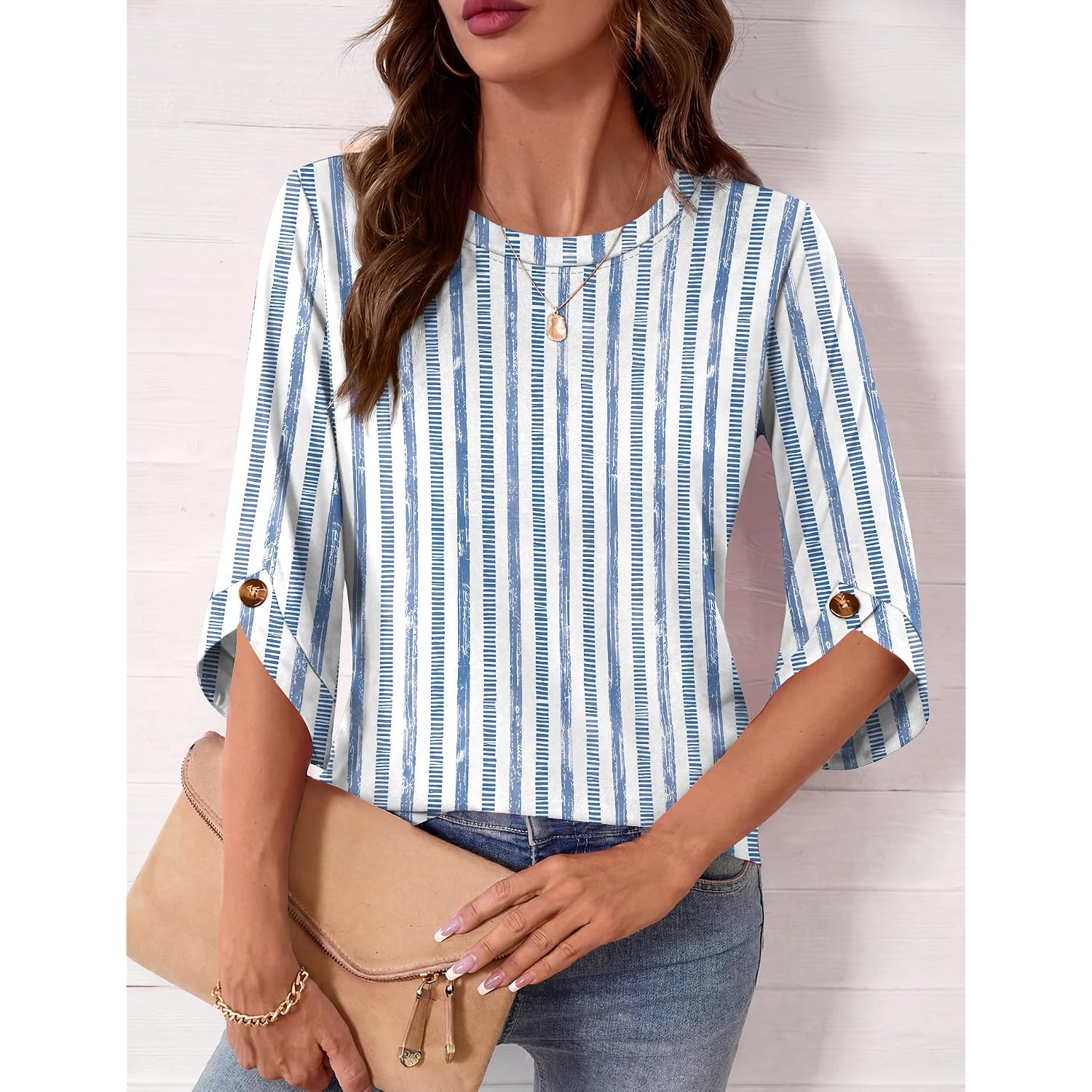 Womens 3/4 Sleeve Crew Neck Tops Business Casual Basic Blouses Trendy Flowy Tees