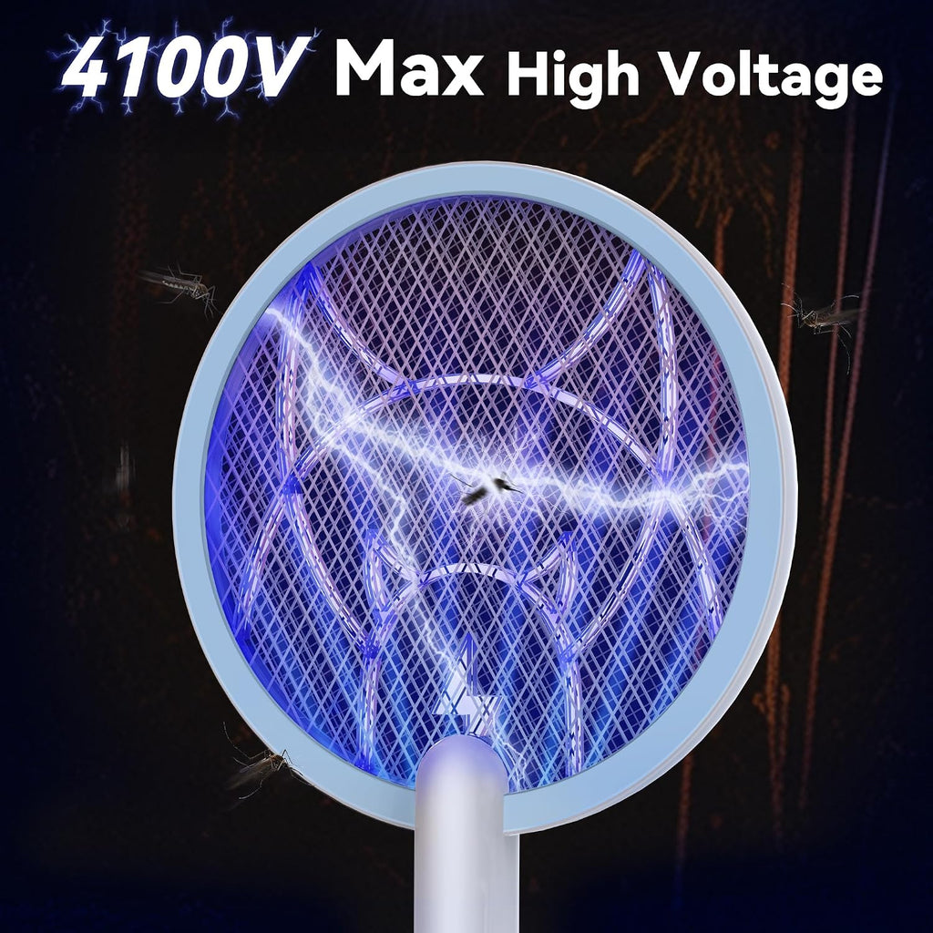 Nymrix Electric Fly Swatter Racket, 2 In 1 Mosquito Bug Zapper 4100V Max Handheld Mosquito Killer With 1800 Mah Rechargeable Battery, Purple Light And 3-Layer Safety Mesh For Indoor Outdoor Blue