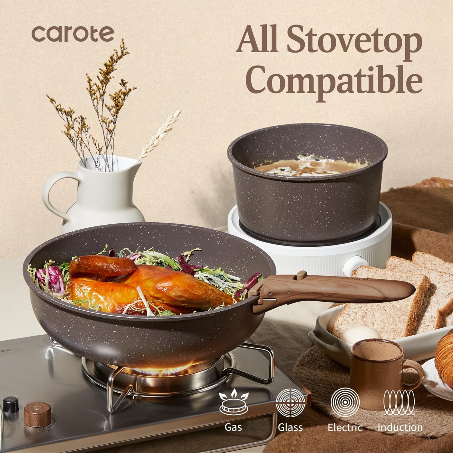 CAROTE 21PCS Pots and Pans Set Non Stick with Detachable Handle, Nonstick Cookware Sets, Cooking Kitchen Set, Oven/Dishwasher Safe, Induction Cookware, Brown, RV Kitchen Pot and Pan