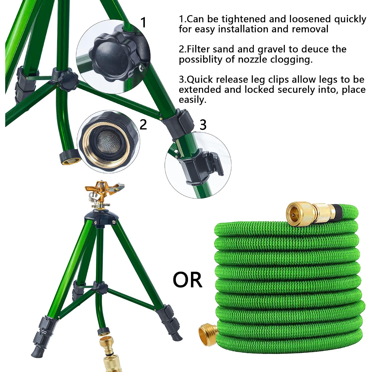 Hourleey Impact Sprinkler On Tripod Base, Heavy Duty Brass Sprinklers For Yard Lawn Garden, 0-360 Degree Large Area Coverage, 3/4 Inch Connector Extension Legs Flip Locks With Brass Sprinkler Head
