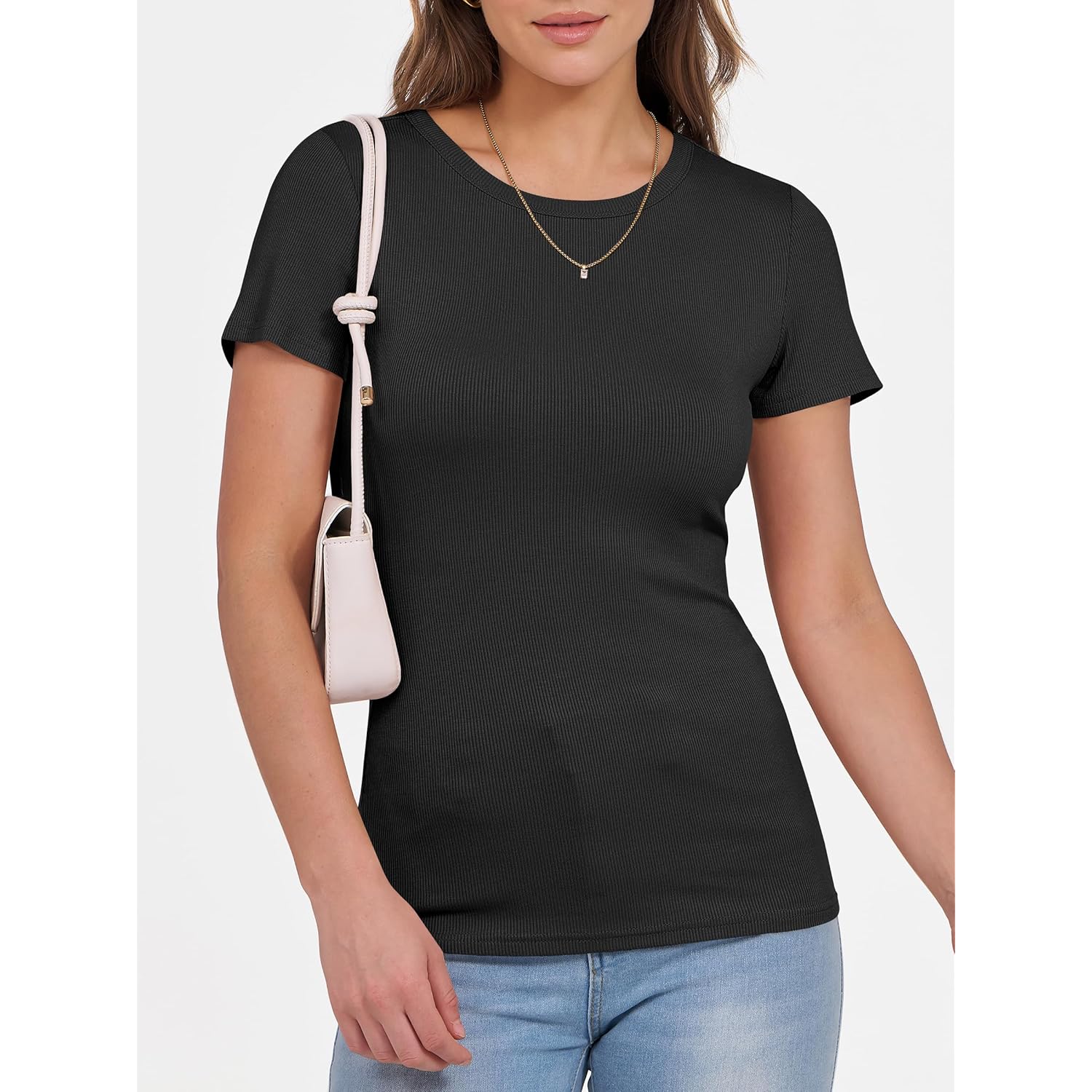 Women Short Sleeve Crewneck Ribbed Knit Slim Fitted Shirts Summer Tops Basic Tee Casual 2026 Spring Outfits Clothes
