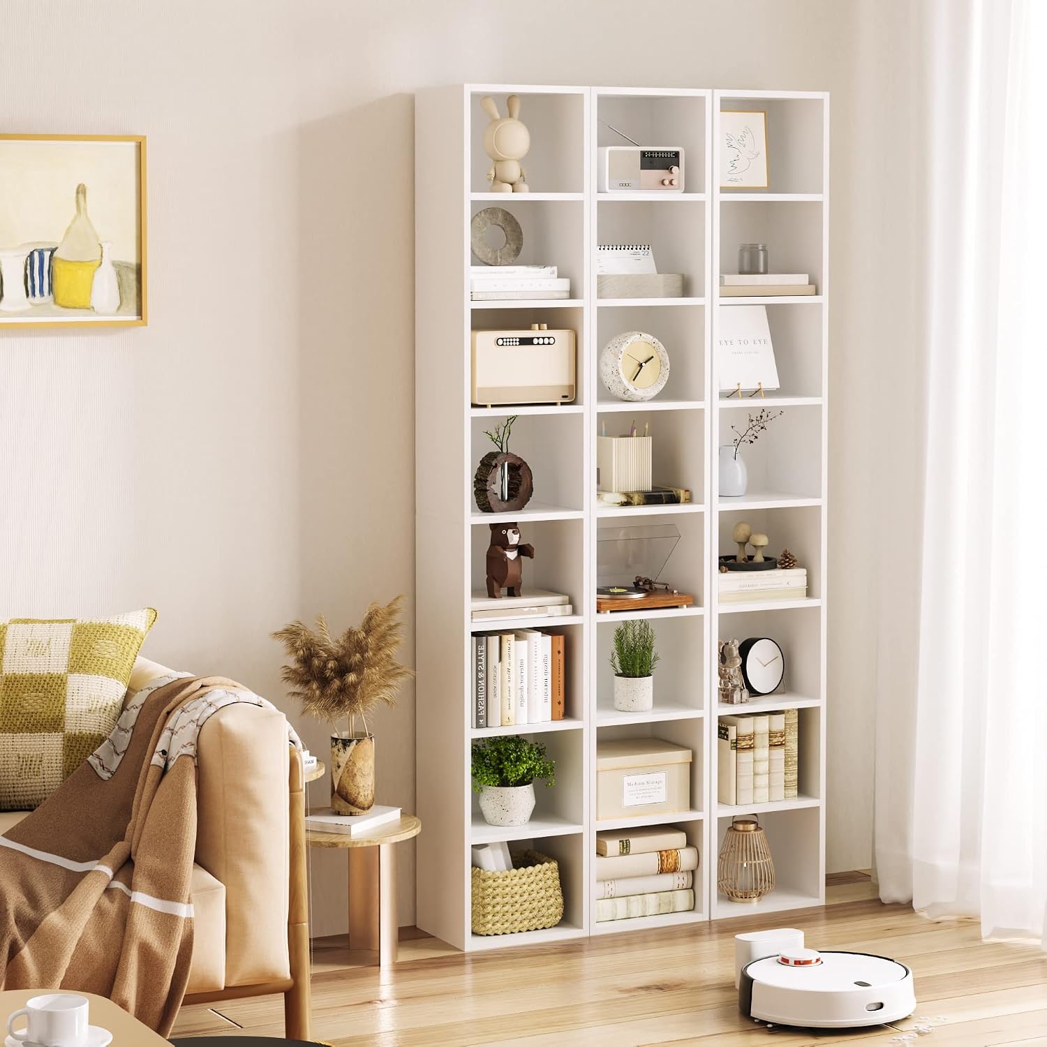 Fotosok White Bookshelf 8-Tier Narrow Bookshelf, 11.6 X 9.3 X 70.9 Tall Cd Dvd Media Tower Rack With 4 Adjustable Shelves, Tall Narrow Bookcase Slim Display Bookshelf With Cube Storage For Home Office