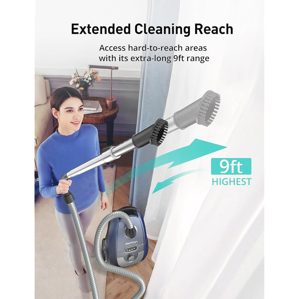Aspiron Canister Vacuum, 1600W/40Kpa Canister Bagged Vacuum,4Qt Dust Bag, H13 Hepa Filter, 5 Tools, Pet-Friendly,Variable Power Control,For Carpets, Hardwood Floors, Stairs, Pet Hair, Household,Car