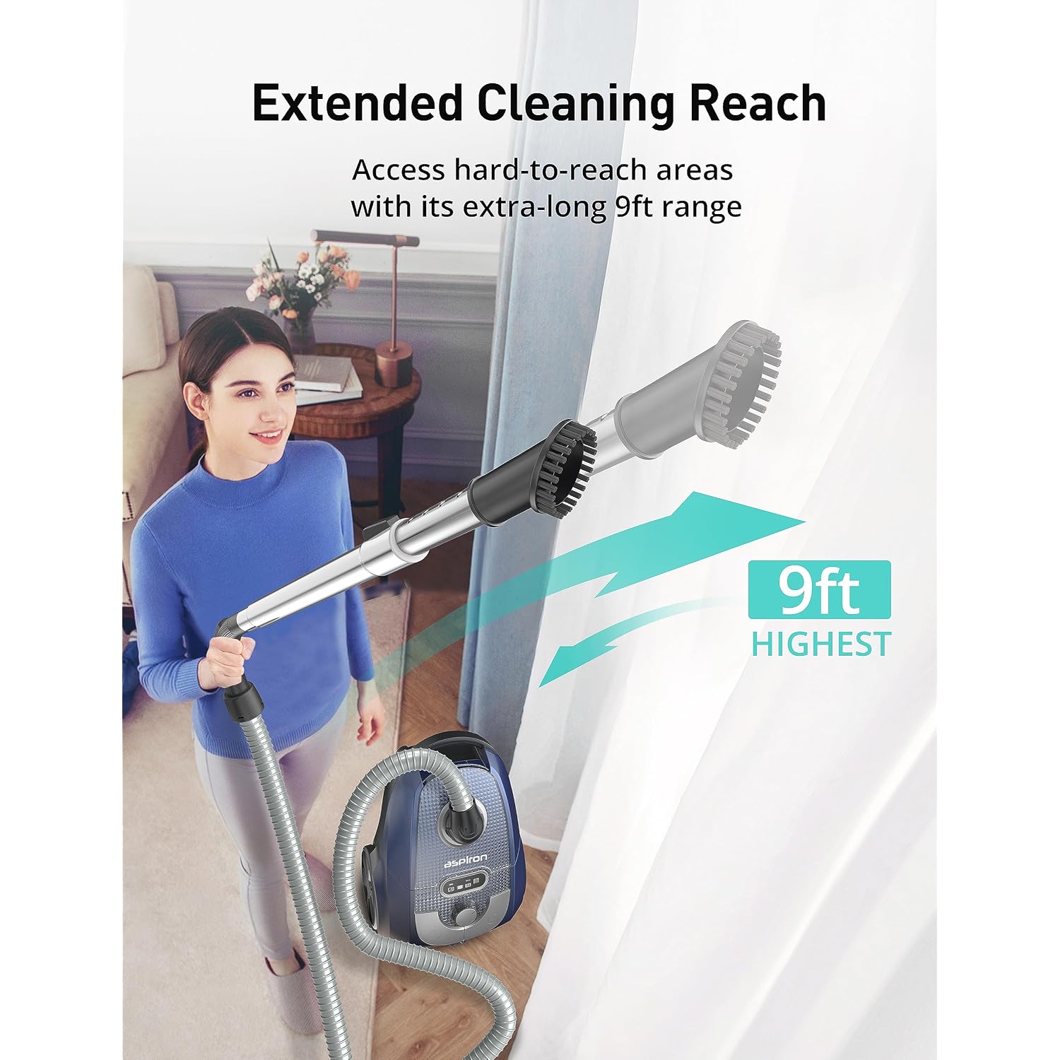 Aspiron Canister Vacuum, 1600W/40Kpa Canister Bagged Vacuum,4Qt Dust Bag, H13 Hepa Filter, 5 Tools, Pet-Friendly,Variable Power Control,For Carpets, Hardwood Floors, Stairs, Pet Hair, Household,Car