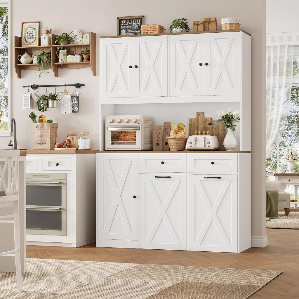Hostack 71" Kitchen Pantry With 12.5 Gallon Double Trash Can Cabinet, White | Farmhouse Garbage Can Cabinet With Pull Out Trash Can Storage, 47"W Kitchen Hutch With Hidden Garbage Storage For Dining Room