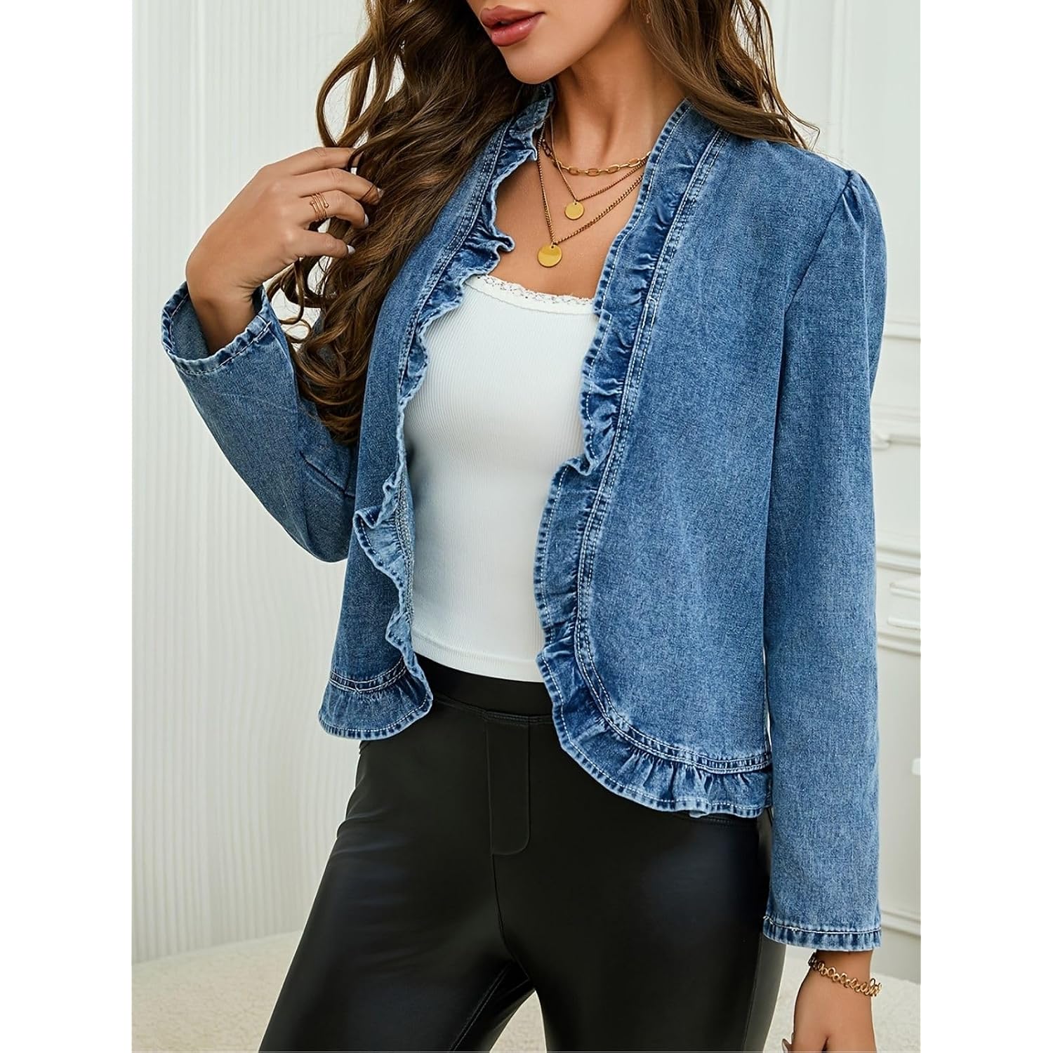 Women'S Ruffled Denim Jackets Long Sleeve Open Front Jean Cropped Top Coat 2026 Trendy Jean Jackets