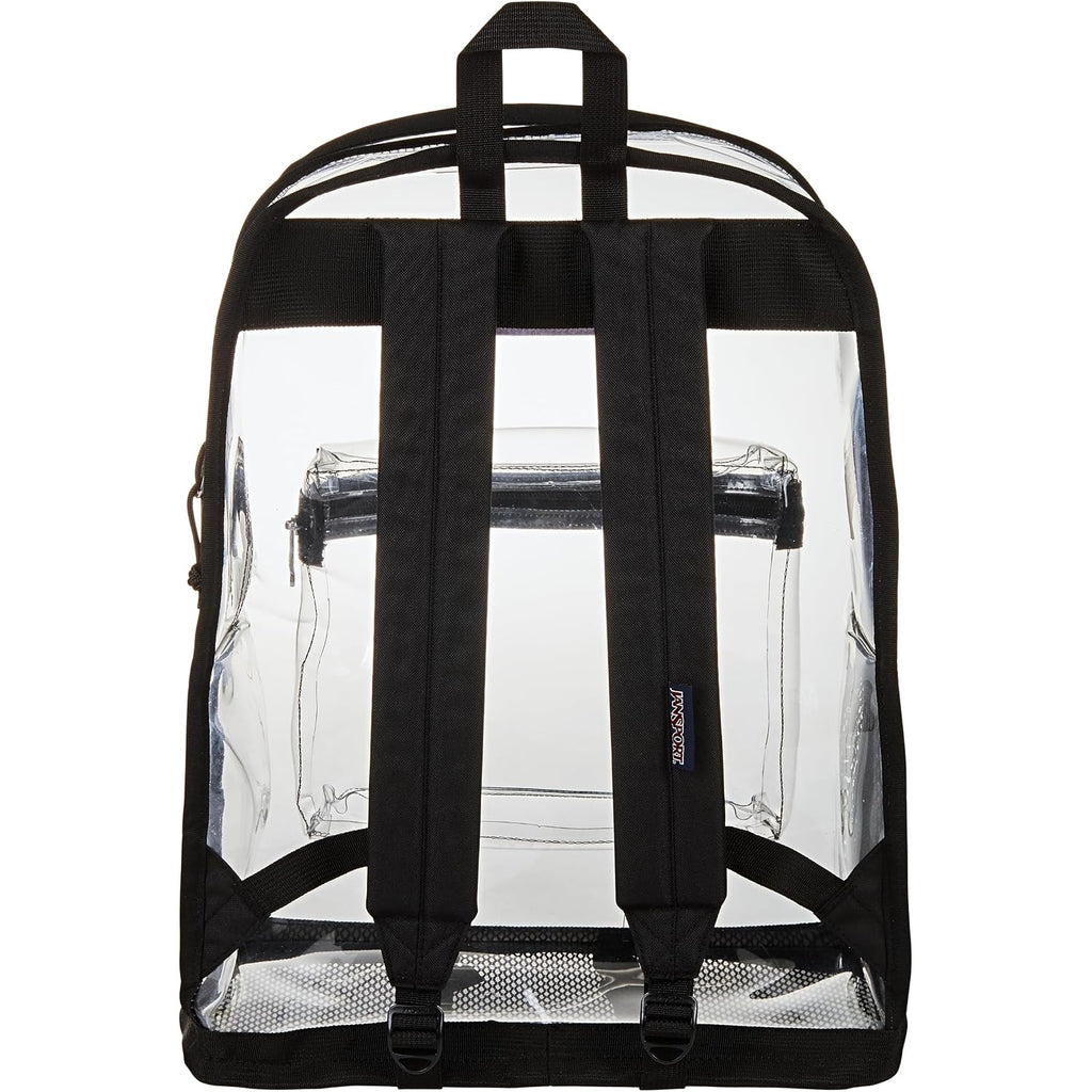 Jansport Clear Pack – 25.5L Transparent Backpack, Large Main Compartment, Side Water Bottle Pocket, Front Zippered Pocket, Mesh Bottom Panel, Clear