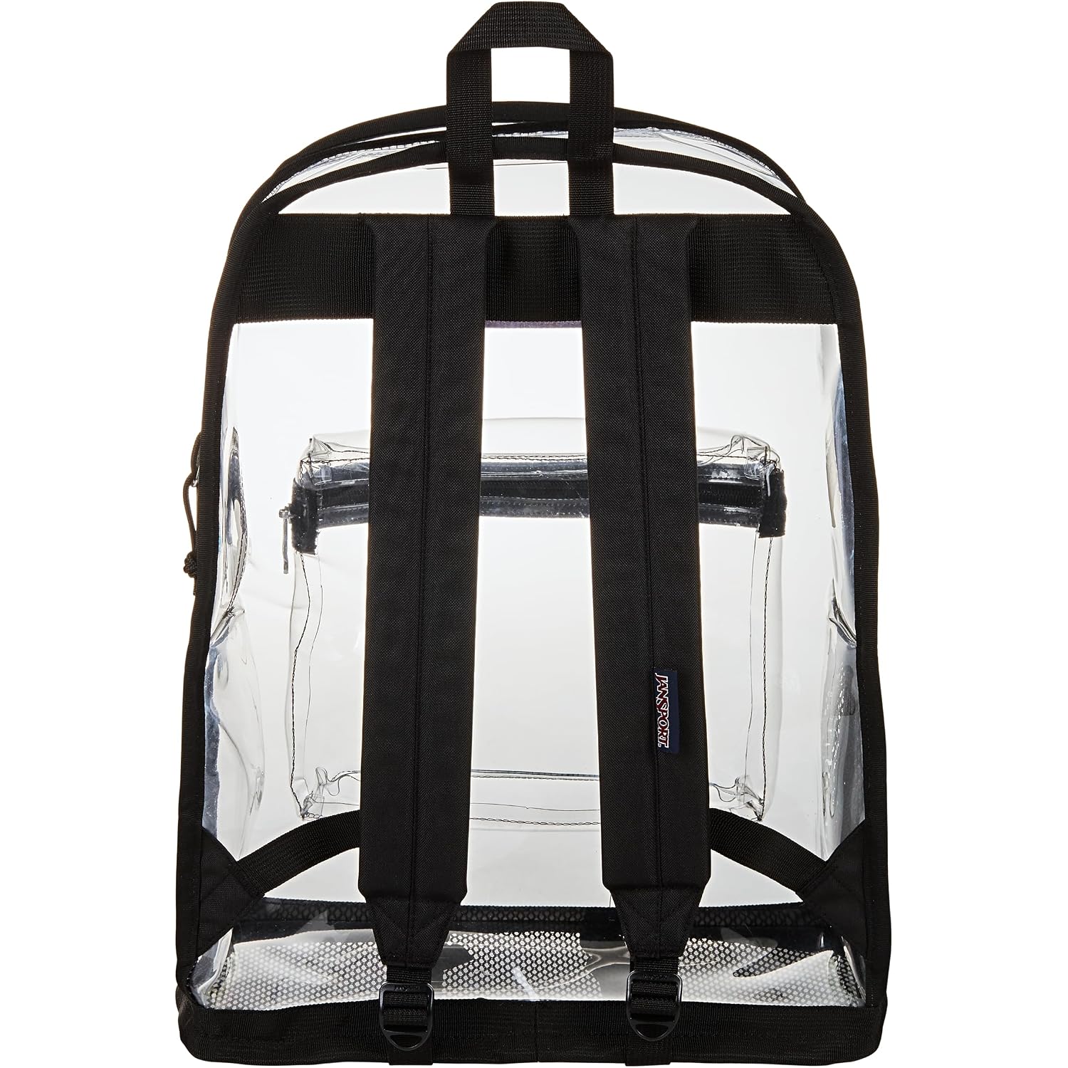 Jansport Clear Pack – 25.5L Transparent Backpack, Large Main Compartment, Side Water Bottle Pocket, Front Zippered Pocket, Mesh Bottom Panel, Clear