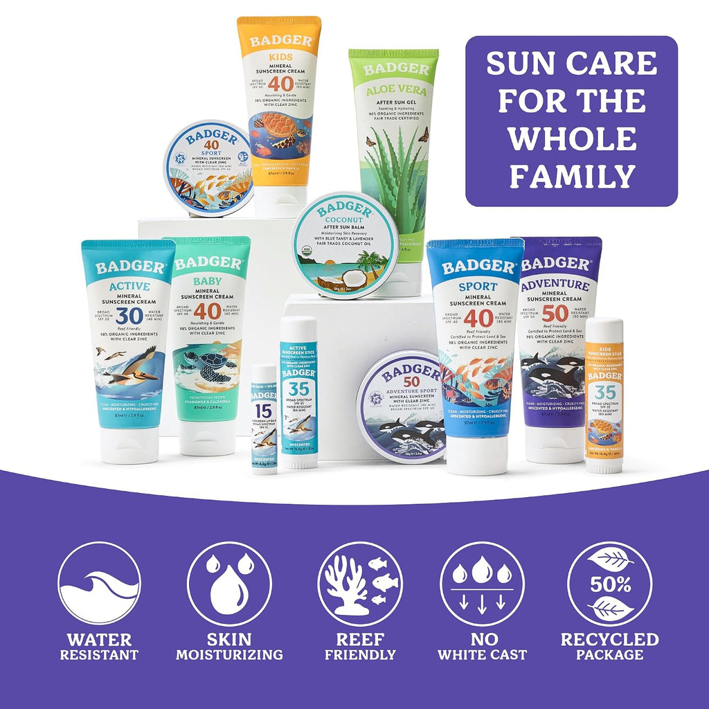 Badger Biodegradable Reef Safe Sunscreen, Spf 50 Unscented Zinc Oxide Sunscreen, 98% Organic Ingredients, Water Resistant Adventure Sport Sunblock, 2.9 Fl Oz, 3-Pack