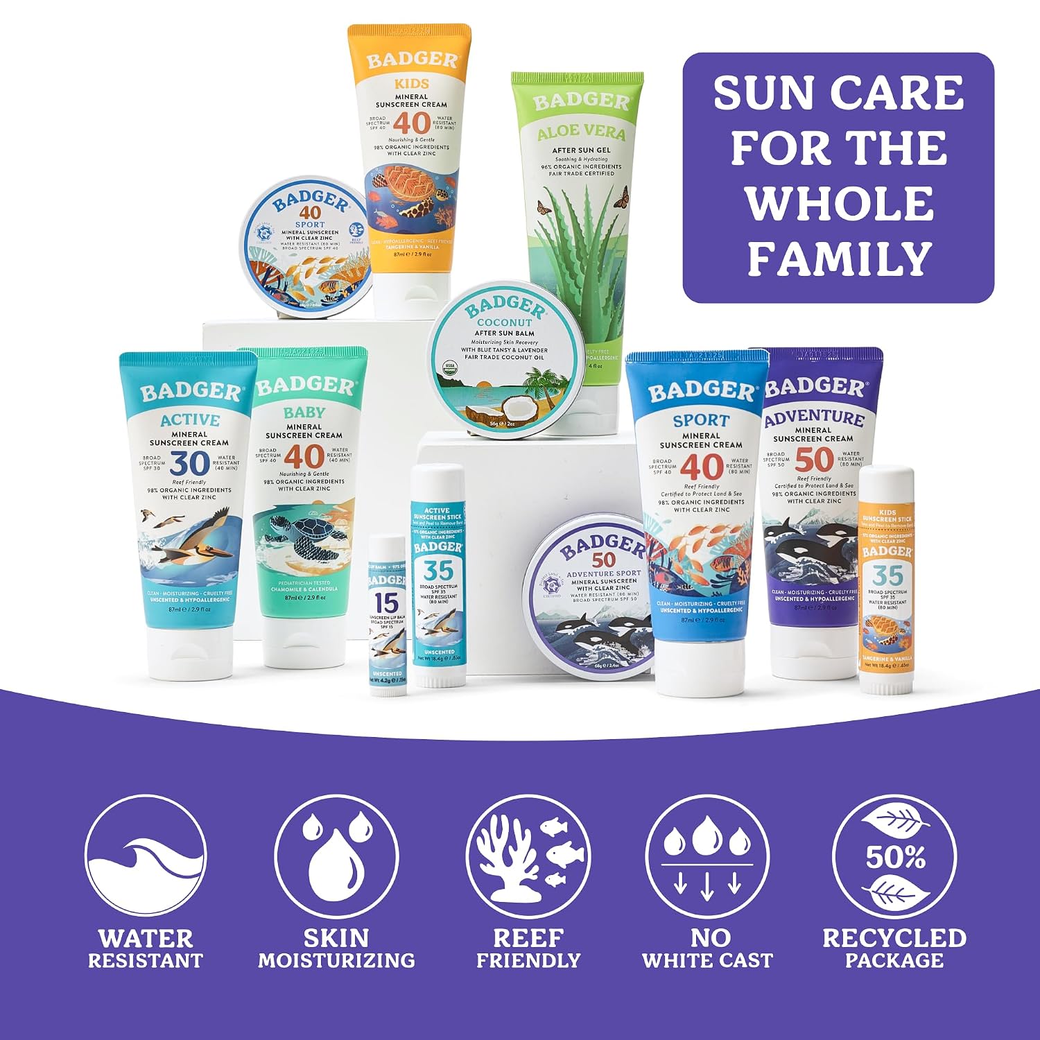 Badger Biodegradable Reef Safe Sunscreen, Spf 50 Unscented Zinc Oxide Sunscreen, 98% Organic Ingredients, Water Resistant Adventure Sport Sunblock, 2.9 Fl Oz, 3-Pack