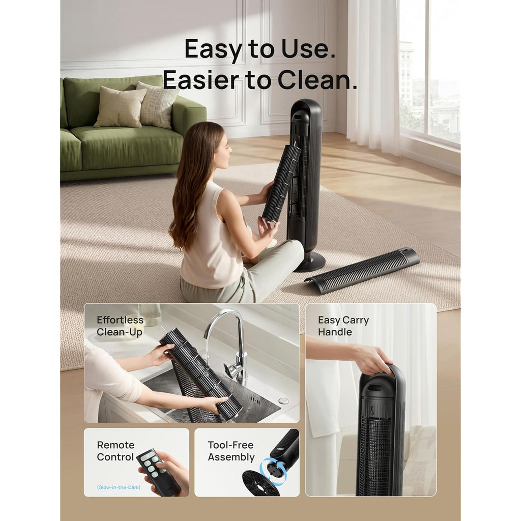 Dreo Tower Fan For Bedroom, 28Ft/S Velocity, 20Db Ultra Quiet, 8 Speeds | 2026 Upgraded Dc Motor, 90° Oscillating, 4 Modes Standing Fan, Bladeless Fan For Indoors, Floor Fans With Remote, Black