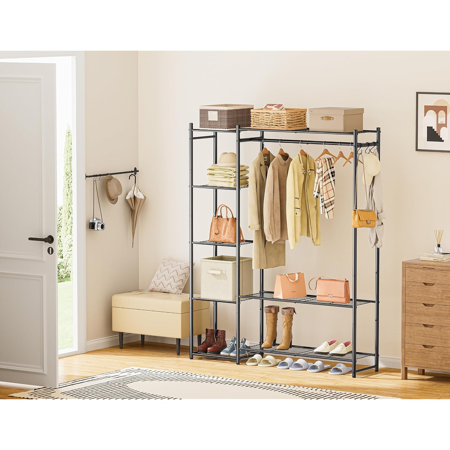 Wardrobe Closet,Portable Clothes Rack With 4 Tiers Shelves,Freestanding Closet Organizers And Storage System With Hanging Rods,Steel Clothing Rack Suitable For Cloakrooms,Bedrooms,Entrances,Etc.Black