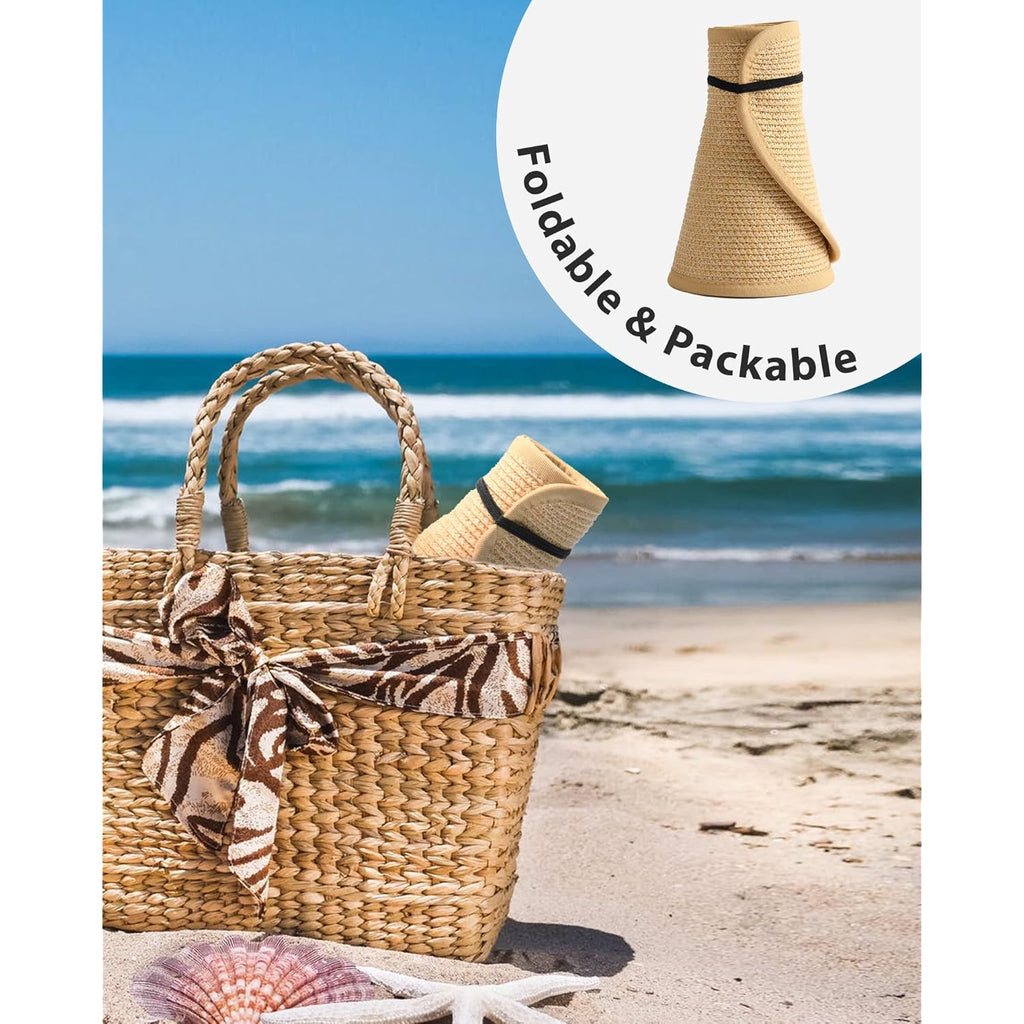 FURTALK Sun Hats for Women Wide Brim Beach Hat Straw Visor Ponytail Summer UV Packable Foldable Beach Vacation Essentials