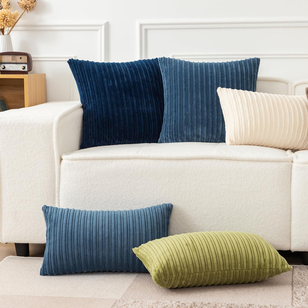 Ugasa Velvet 12X20 Inch Lumbar Soft Throw Pillow Cover Boho Farmhouse Decorative Corduroy Striped Both Sides Solid Rectangular Cushion Case For Couch Bedroom Sofa Home, 1 Piece, Dusty Blue