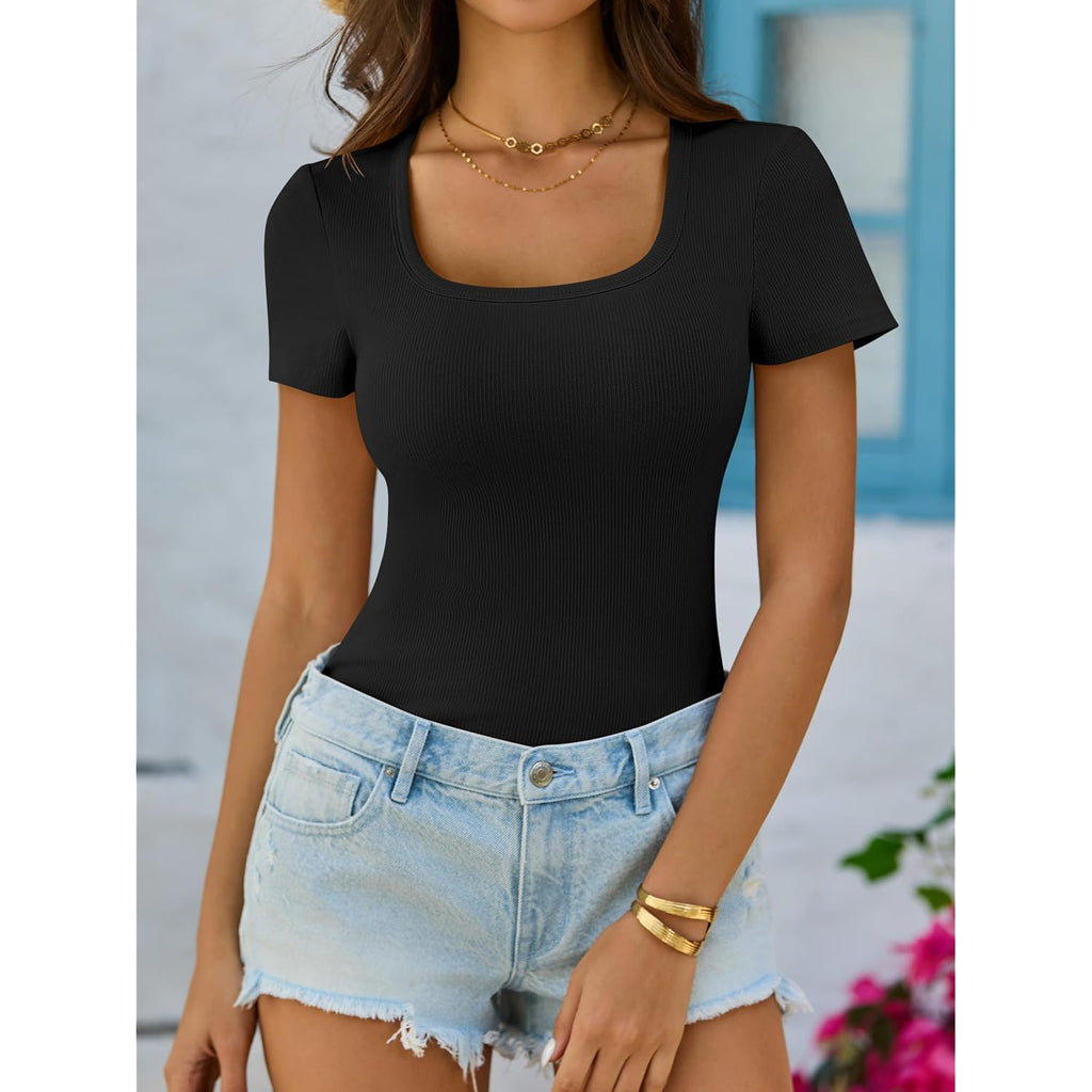 ANRABESS Womens Short Sleeve Tops Built in Bra Summer T Shirts Scoop Neck Ribbed Knit Fitted Basic Tee Casual Going Out Top